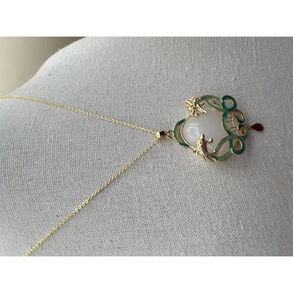 Gold-tone Dragon and Phoenix Pendant Necklace with Green Enamel and Red Accent - Picture 3 of 7